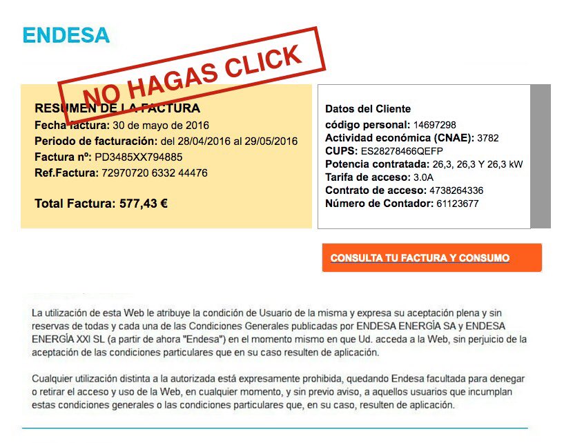 Comunicado urgente sobre ataque en avisos de factura de Endesa falsos