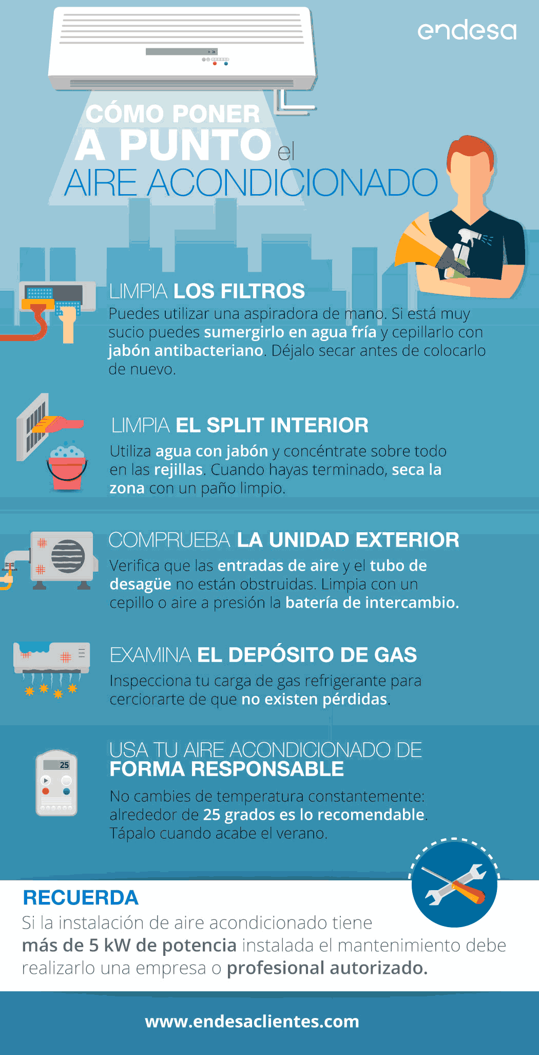 Infografía cómo poner a punto el aire acondicionado. Esta información se presenta a continuación en texto.