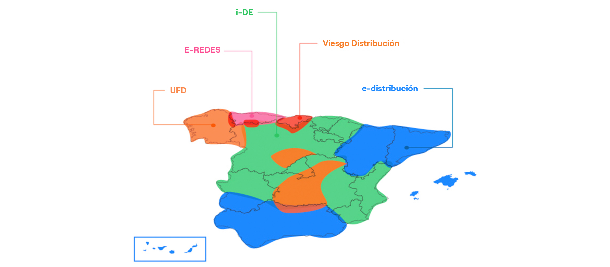 Mapa d'Espanya amb les zones corresponents a cada distribuïdora elèctrica. La informació s'explica a continuació en text.