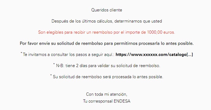 Imagen: phishing de recibir un reembolso por el importe de 1000,00 euros.