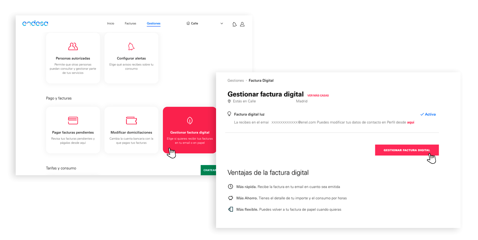 Imagen: capturas de pantallas del Área Cliente de Endesa "Gestionar factura digital"