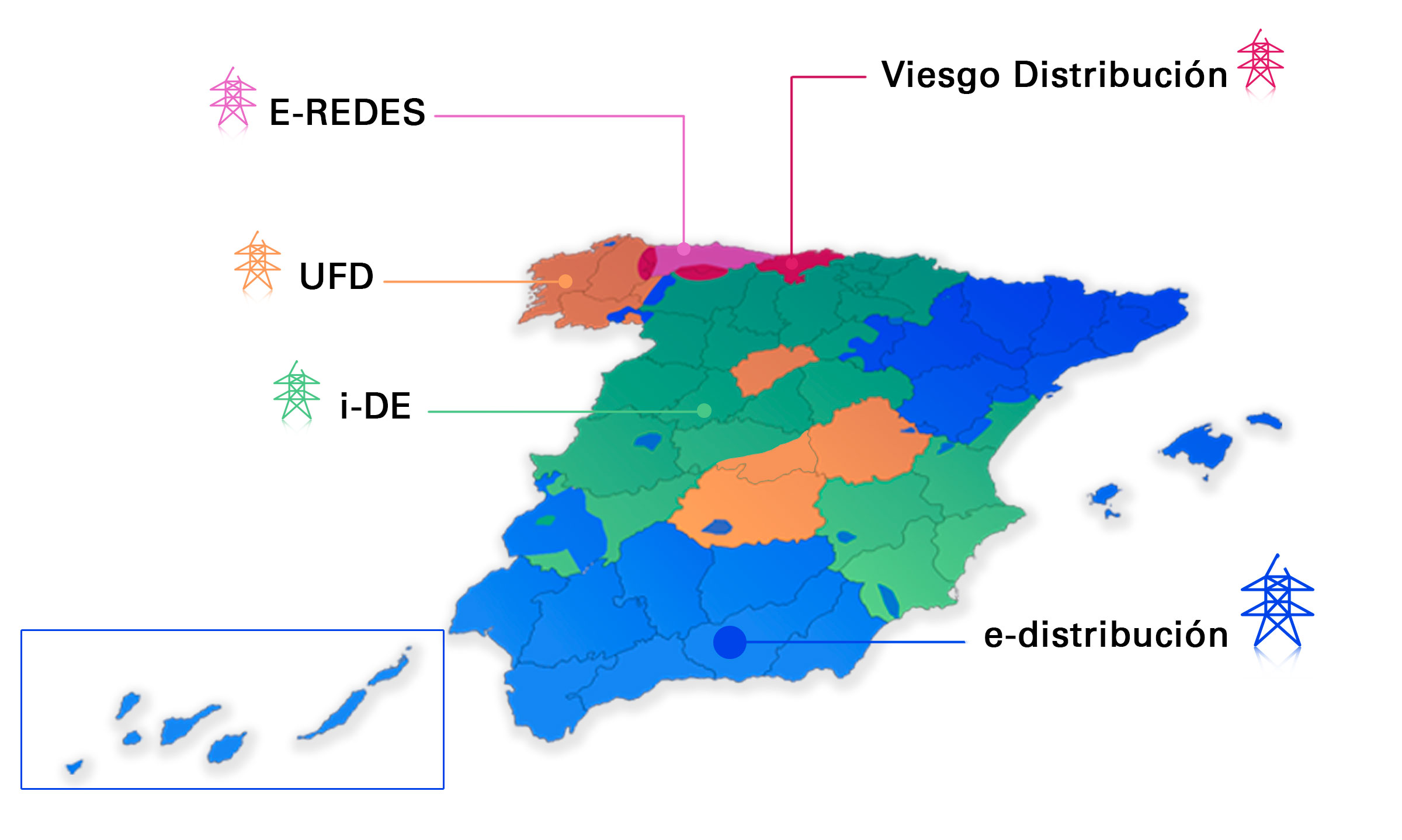 Mapa d'Espanya amb les zones corresponents a cada distribuïdora elèctrica. La informació s'explica a continuació en text.