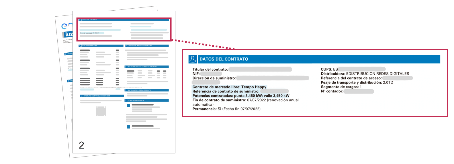 Captura de pantalla datos del contrato de luz.