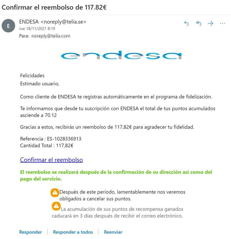Imagen: ejemplo de phishing de reembolso Endesa por vía email