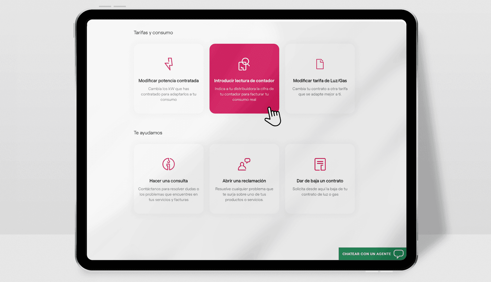 Pantalla del Área Cliente de Endesa: comunicar una lectura de gas