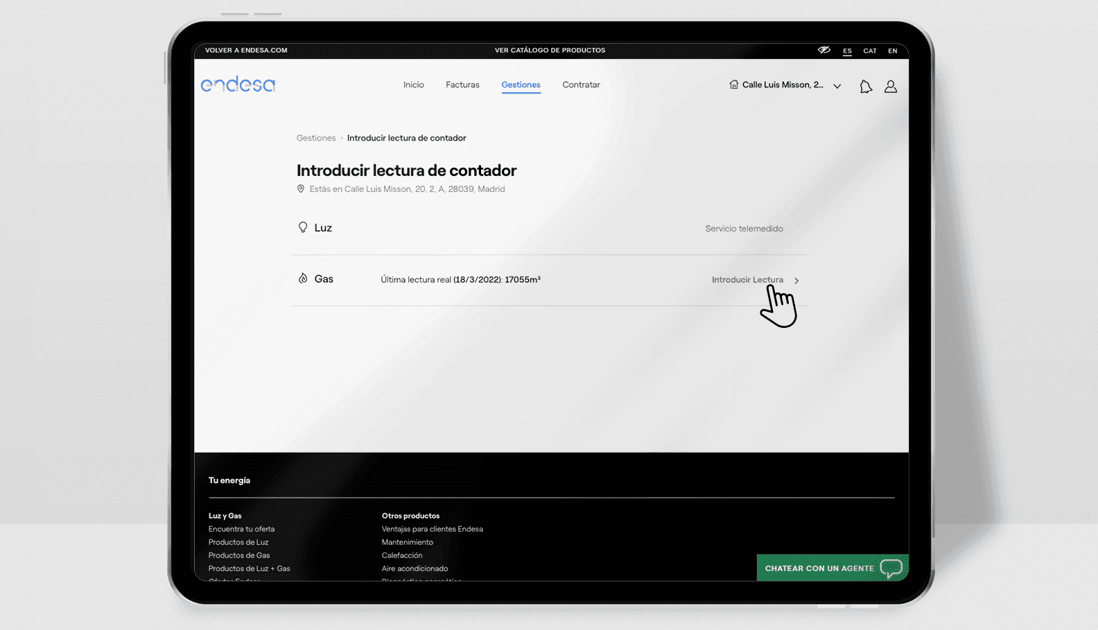 Pantalla del Área Cliente de Endesa: comunicar una lectura de gas