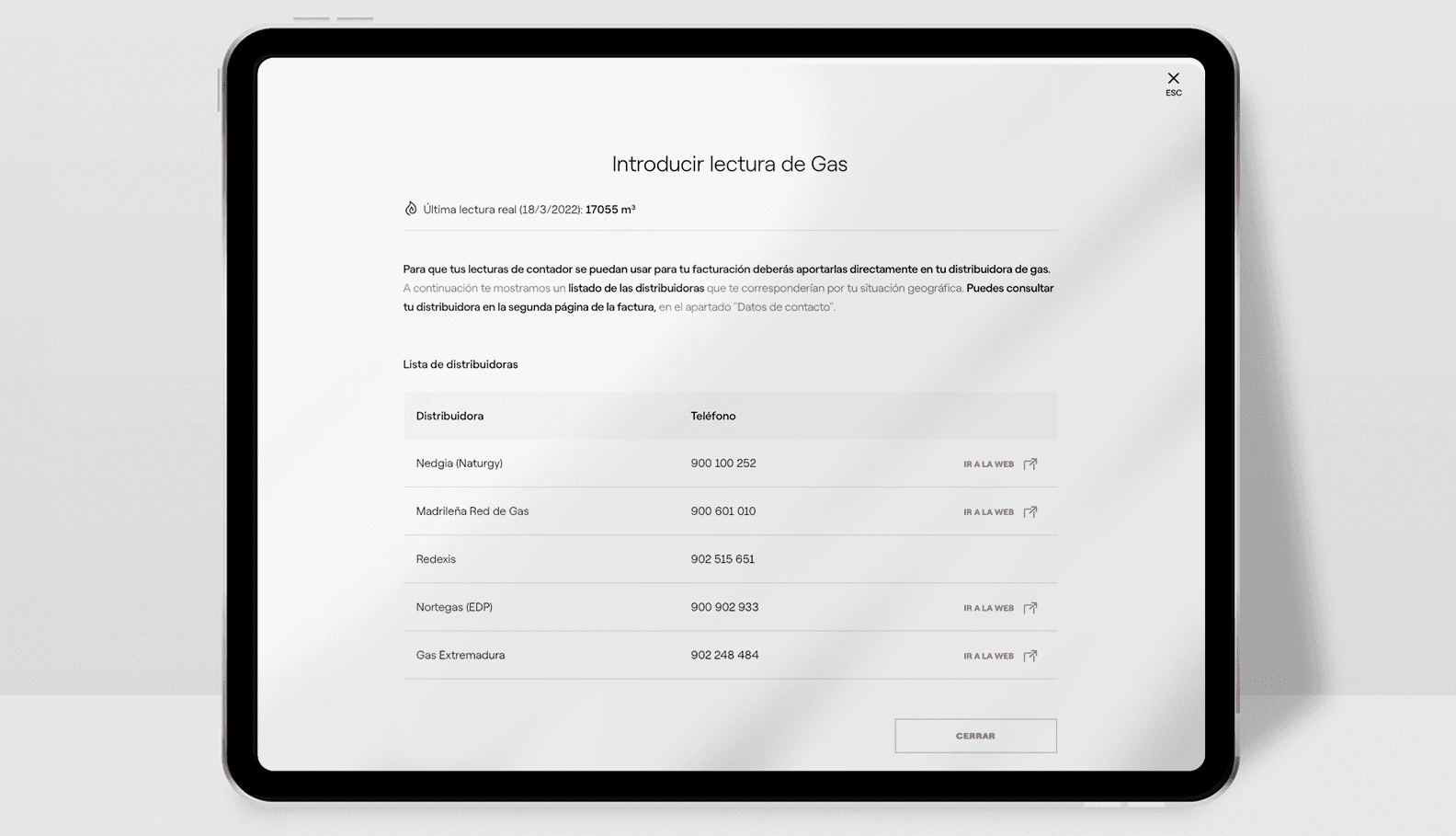 Pantalla del Área Cliente de Endesa: comunicar una lectura de gas