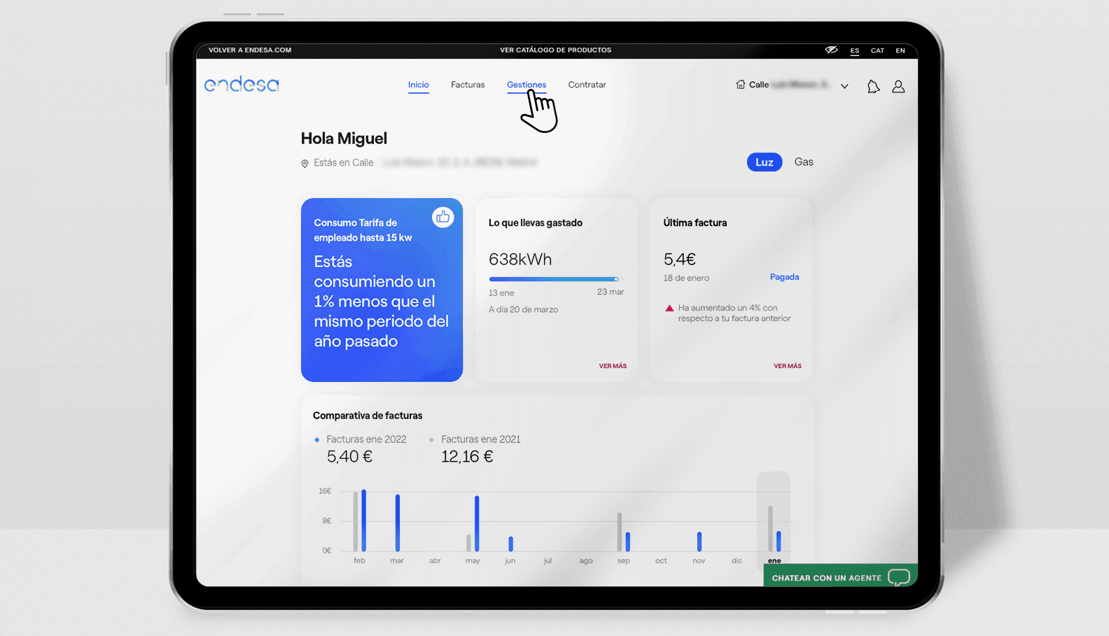 Pantalla del Área Cliente de Endesa: comunicar una lectura de gas