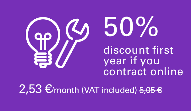 50% discount first year if you contract online. 2,53 €/month (VAT included). 5,05 €/month second year